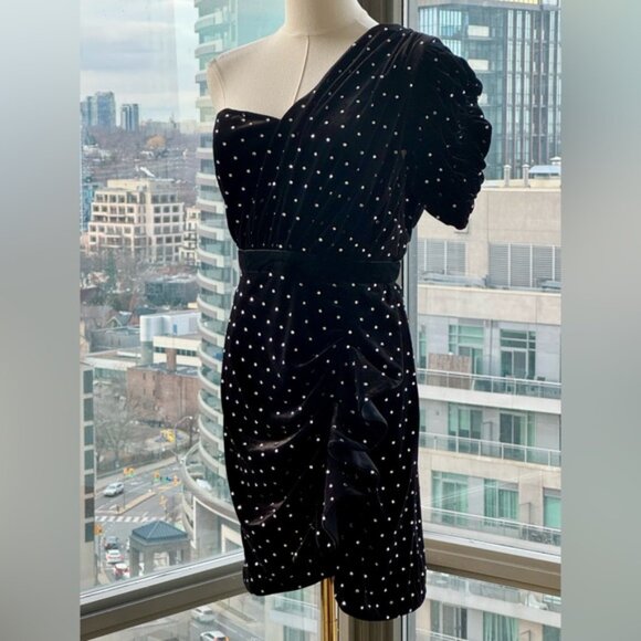 🆕 SELF-PORTRAIT 🧿 NWOT Velvet Diamante One Shoulder Mini Dress, Sz UK 12 US 8 - Picture 10 of 16